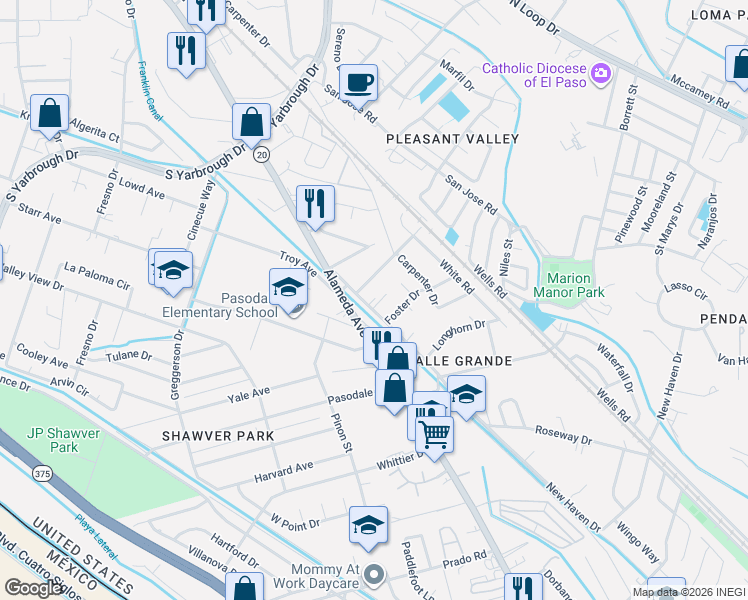 map of restaurants, bars, coffee shops, grocery stores, and more near 8335 Roseway Drive in El Paso
