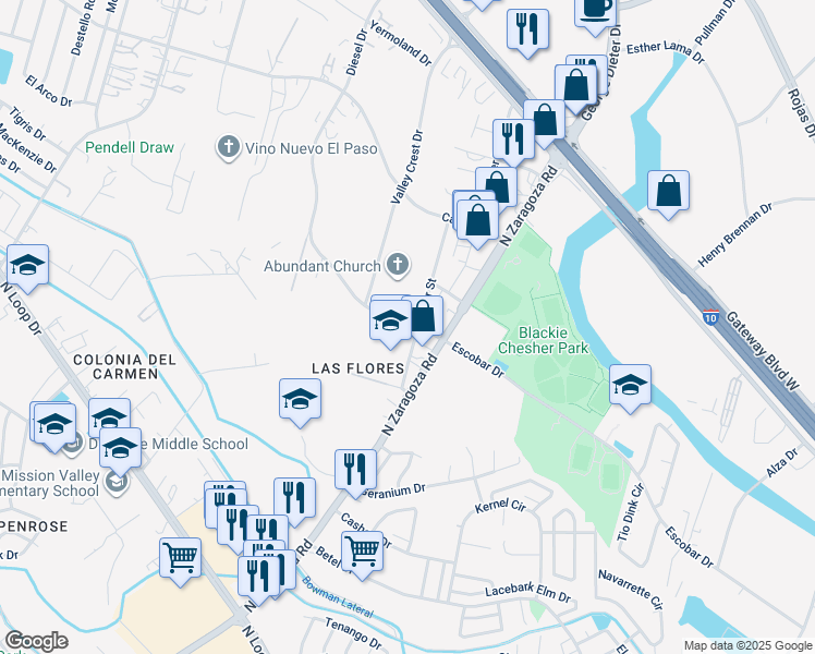 map of restaurants, bars, coffee shops, grocery stores, and more near 1061 Ranger Street in El Paso