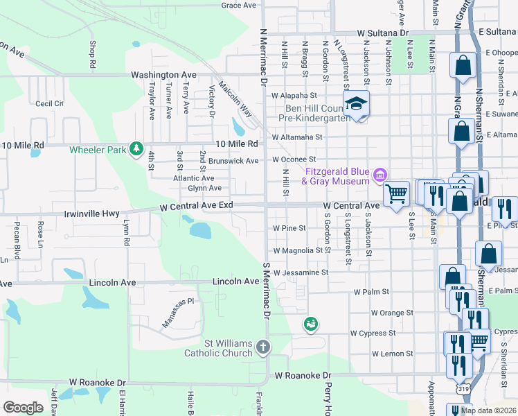 map of restaurants, bars, coffee shops, grocery stores, and more near 102 Irwinville Highway in Fitzgerald