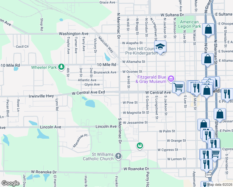 map of restaurants, bars, coffee shops, grocery stores, and more near 102 Irwinville Highway in Fitzgerald