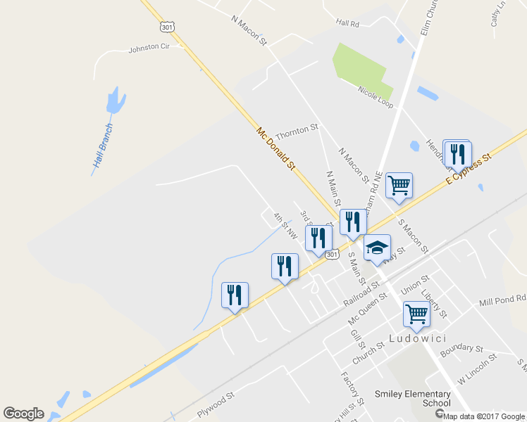 map of restaurants, bars, coffee shops, grocery stores, and more near 2 4th Street Northwest in Ludowici