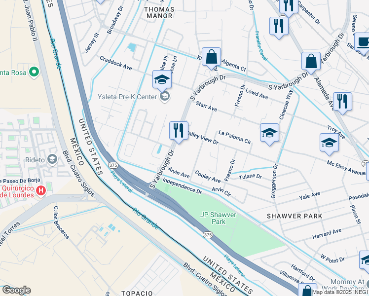 map of restaurants, bars, coffee shops, grocery stores, and more near 600 South Yarbrough Drive in El Paso