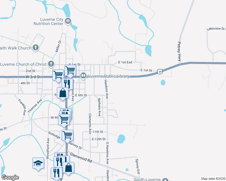 map of restaurants, bars, coffee shops, grocery stores, and more near 1-599 Mitchell Drive in Luverne