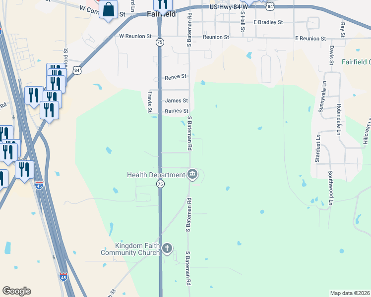 map of restaurants, bars, coffee shops, grocery stores, and more near 303 Blanton Street in Fairfield