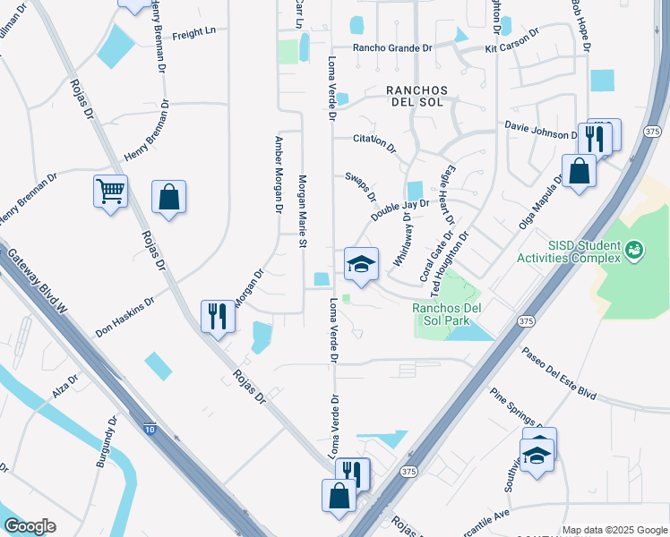 map of restaurants, bars, coffee shops, grocery stores, and more near 1010 Loma Verde Drive in El Paso