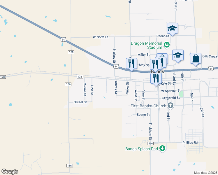 map of restaurants, bars, coffee shops, grocery stores, and more near 106 Ammy Street in Bangs