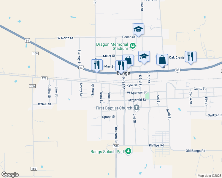 map of restaurants, bars, coffee shops, grocery stores, and more near 110 Vine Street in Bangs