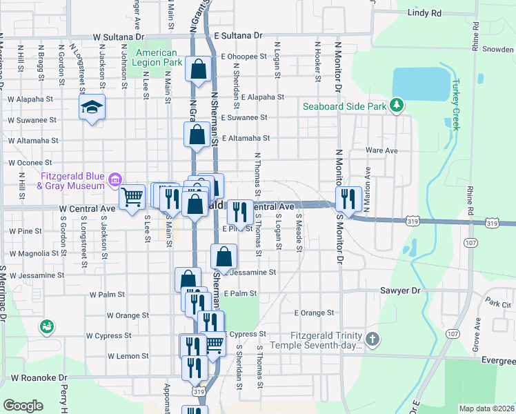 map of restaurants, bars, coffee shops, grocery stores, and more near East Central Avenue in Fitzgerald