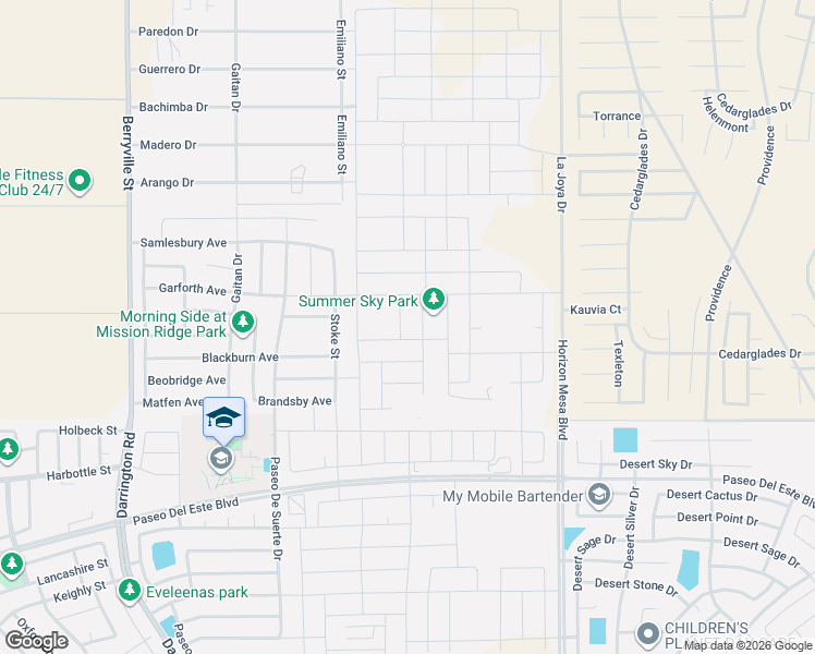 map of restaurants, bars, coffee shops, grocery stores, and more near Winford Avenue in Horizon City