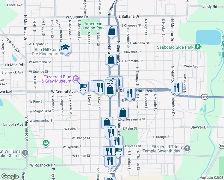 map of restaurants, bars, coffee shops, grocery stores, and more near in Fitzgerald