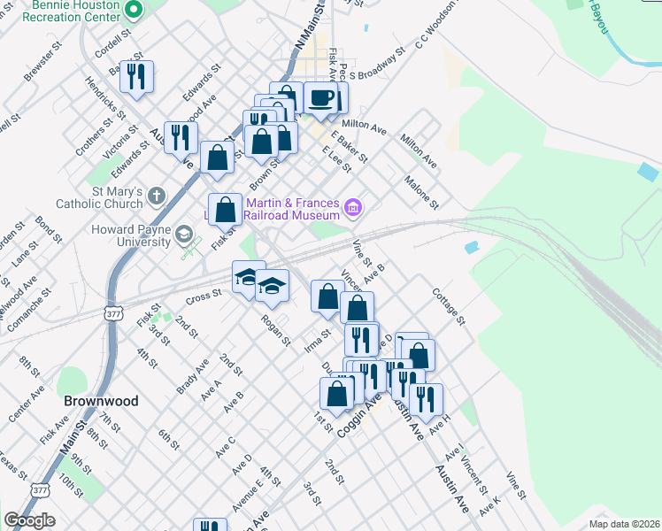 map of restaurants, bars, coffee shops, grocery stores, and more near 811 Avenue A in Brownwood