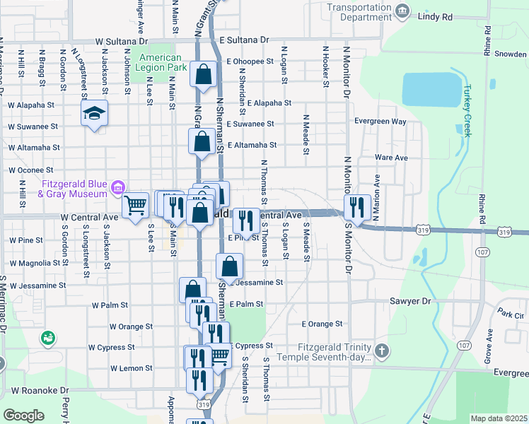 map of restaurants, bars, coffee shops, grocery stores, and more near East Central Avenue in Fitzgerald
