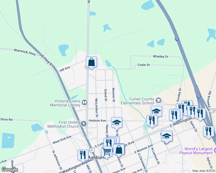 map of restaurants, bars, coffee shops, grocery stores, and more near 715 Grand Street in Ashburn