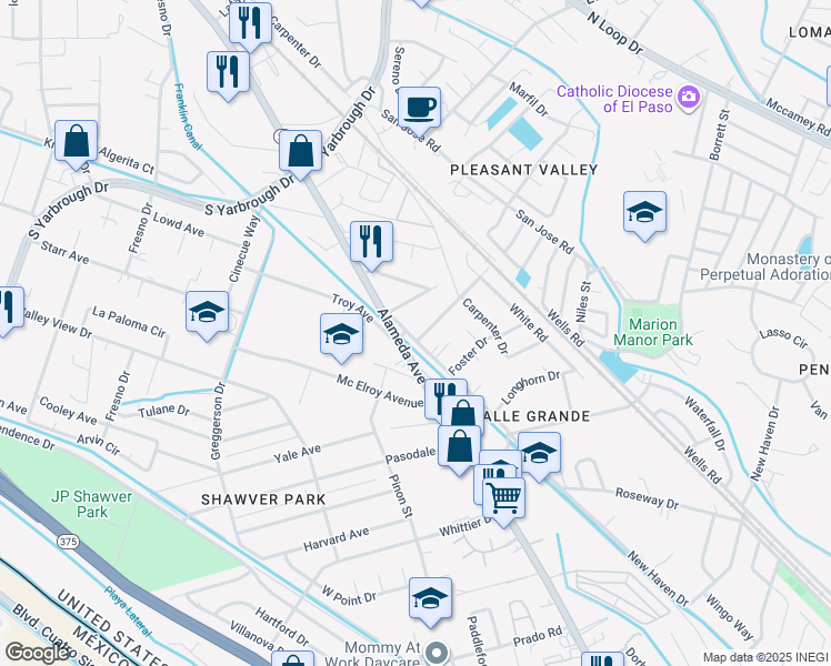 map of restaurants, bars, coffee shops, grocery stores, and more near 8322 Alameda Avenue in El Paso