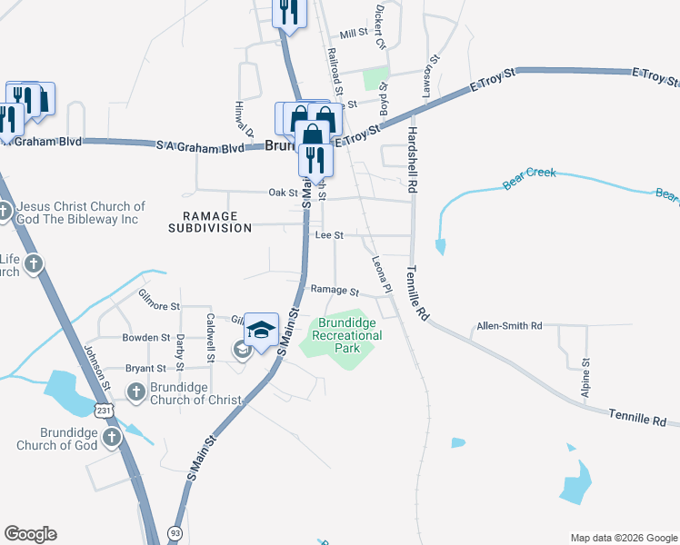 map of restaurants, bars, coffee shops, grocery stores, and more near 201-235 Ramage Street in Brundidge