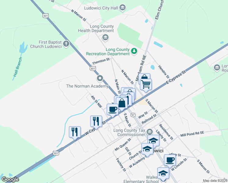 map of restaurants, bars, coffee shops, grocery stores, and more near 127 Thornton Street in Ludowici