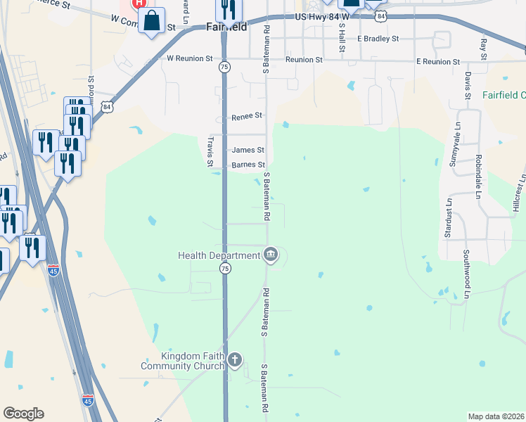 map of restaurants, bars, coffee shops, grocery stores, and more near 303 Blanton Street in Fairfield