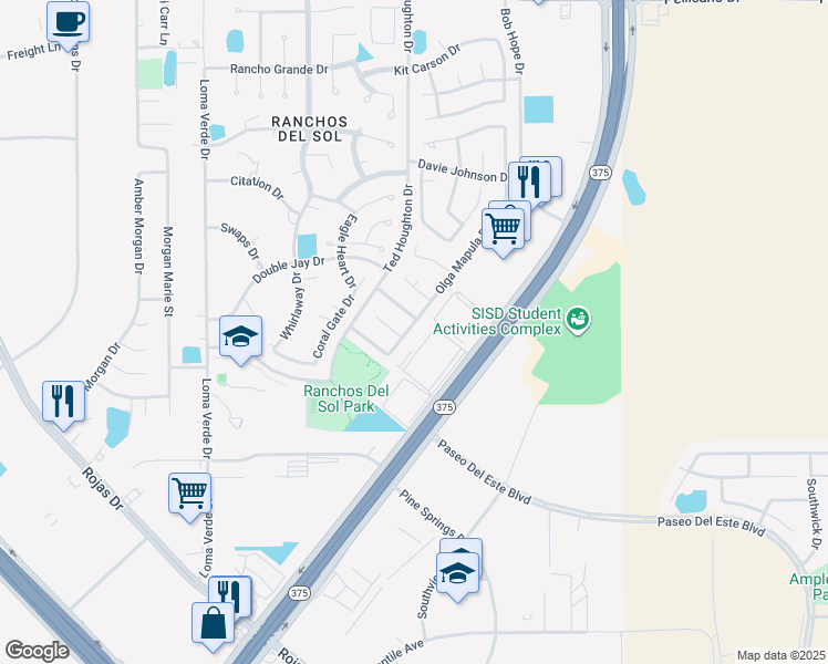 map of restaurants, bars, coffee shops, grocery stores, and more near 1212 Olga Mapula Drive in El Paso