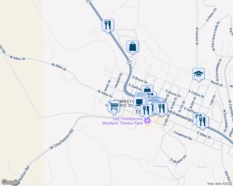 map of restaurants, bars, coffee shops, grocery stores, and more near 16 West Allen Street in Tombstone