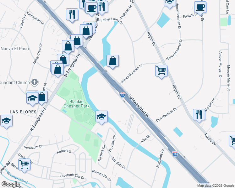 map of restaurants, bars, coffee shops, grocery stores, and more near 9500 Gateway Boulevard East in El Paso