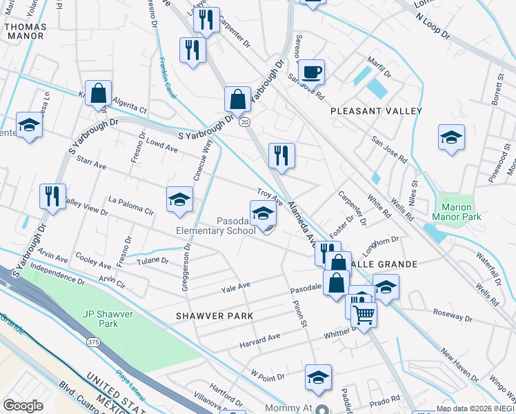 map of restaurants, bars, coffee shops, grocery stores, and more near 8258 Troy Avenue in El Paso