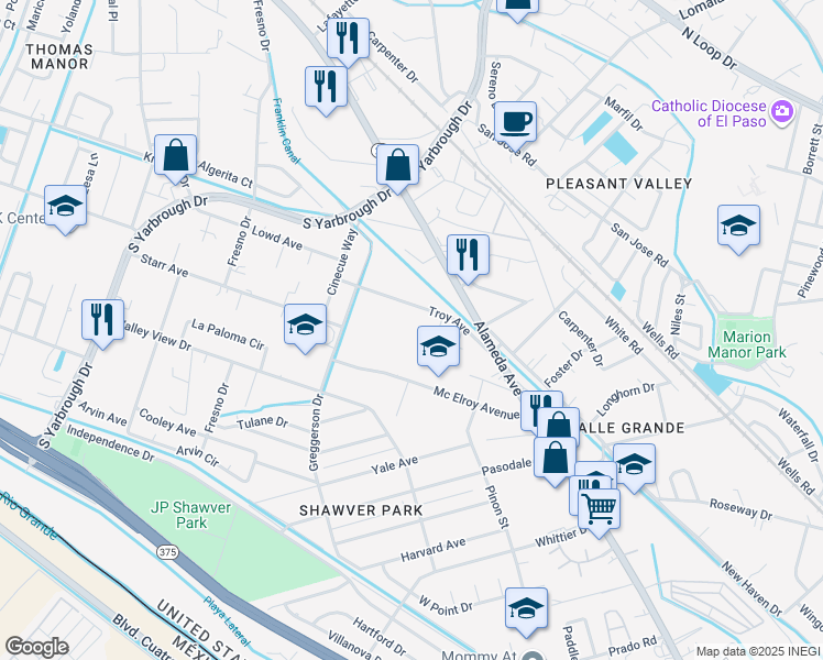 map of restaurants, bars, coffee shops, grocery stores, and more near 8258 Troy Avenue in El Paso