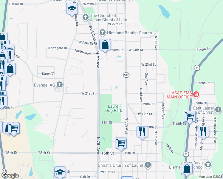 map of restaurants, bars, coffee shops, grocery stores, and more near 601 West 21st Street in Laurel