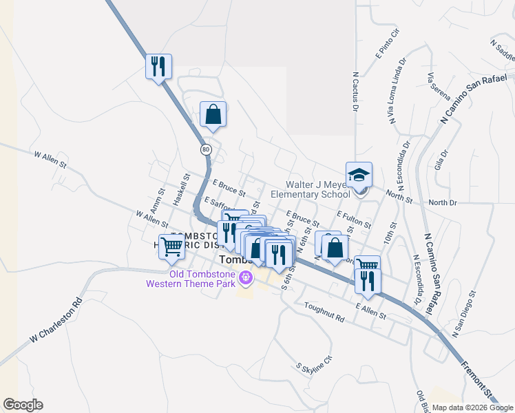 map of restaurants, bars, coffee shops, grocery stores, and more near 116 North 3rd Street in Tombstone