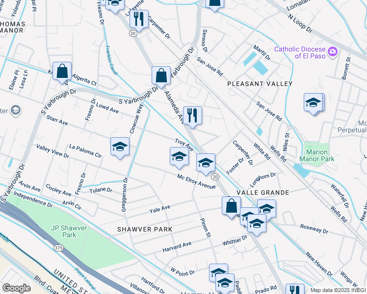 map of restaurants, bars, coffee shops, grocery stores, and more near 8276 Alameda Avenue in El Paso