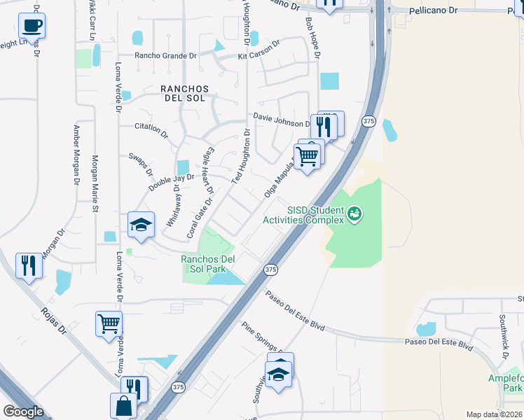 map of restaurants, bars, coffee shops, grocery stores, and more near 12336 Diane Troyer Way in El Paso
