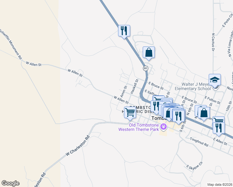 map of restaurants, bars, coffee shops, grocery stores, and more near 204 West Allen Street in Tombstone