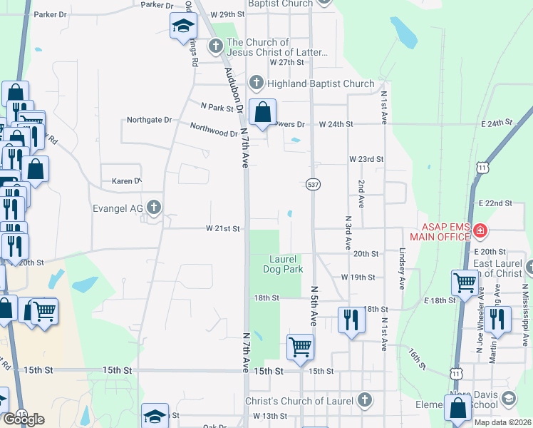 map of restaurants, bars, coffee shops, grocery stores, and more near 601-647 West 21st Street in Laurel