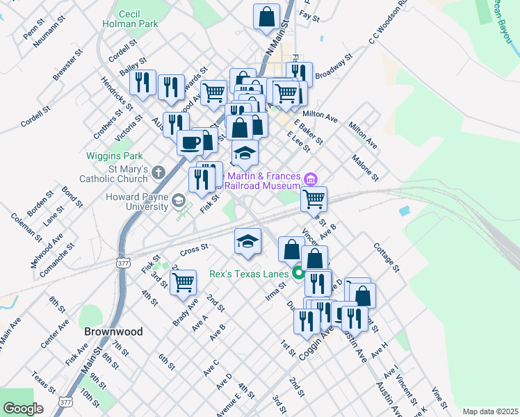 map of restaurants, bars, coffee shops, grocery stores, and more near 800 South Greenleaf Street in Brownwood