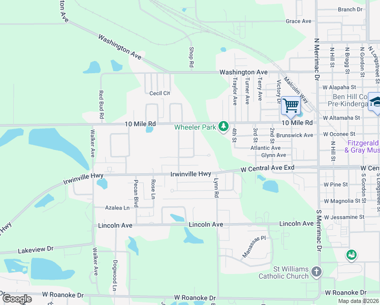 map of restaurants, bars, coffee shops, grocery stores, and more near 103 Martha Street in Fitzgerald