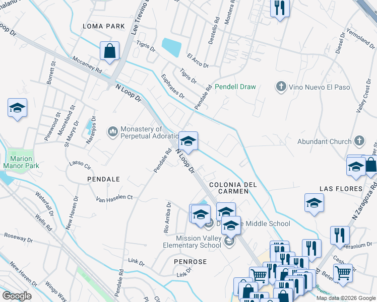 map of restaurants, bars, coffee shops, grocery stores, and more near 8609 North Loop Drive in El Paso