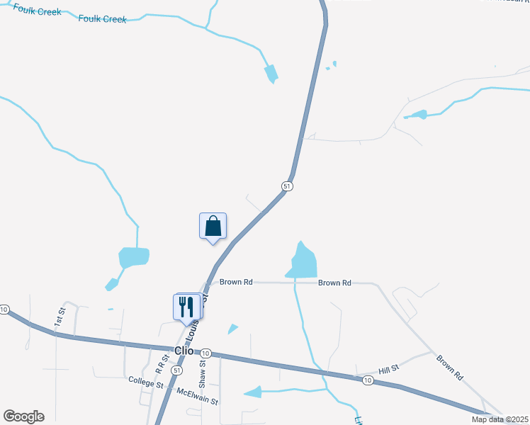 map of restaurants, bars, coffee shops, grocery stores, and more near 3146 Alabama 51 in Clio