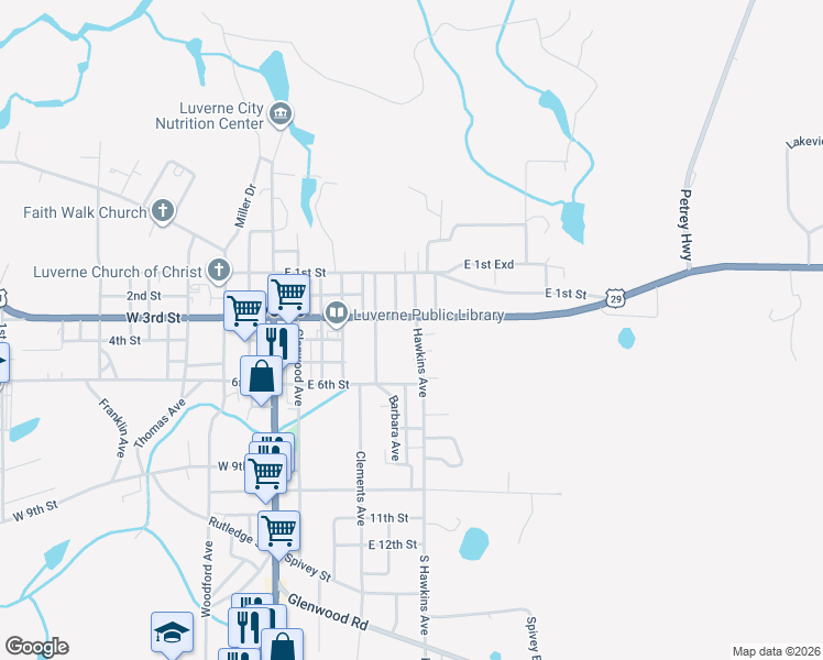 map of restaurants, bars, coffee shops, grocery stores, and more near 305 East 3rd Street in Luverne