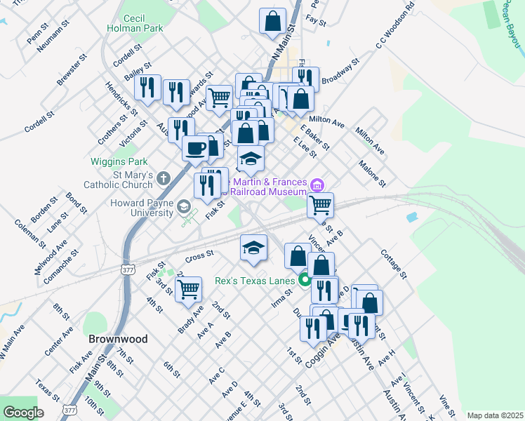 map of restaurants, bars, coffee shops, grocery stores, and more near 800 South Greenleaf Street in Brownwood