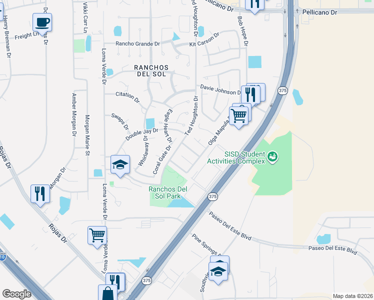 map of restaurants, bars, coffee shops, grocery stores, and more near 12308 Lucy Acosta Way in El Paso