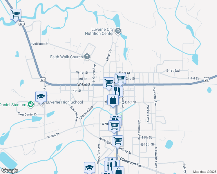 map of restaurants, bars, coffee shops, grocery stores, and more near 70 Le Grande Avenue in Luverne