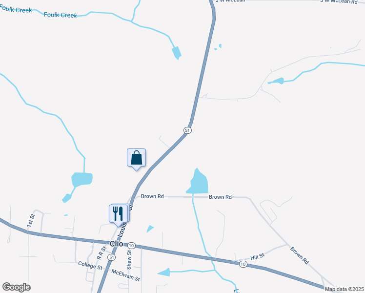 map of restaurants, bars, coffee shops, grocery stores, and more near 3146 Alabama 51 in Clio