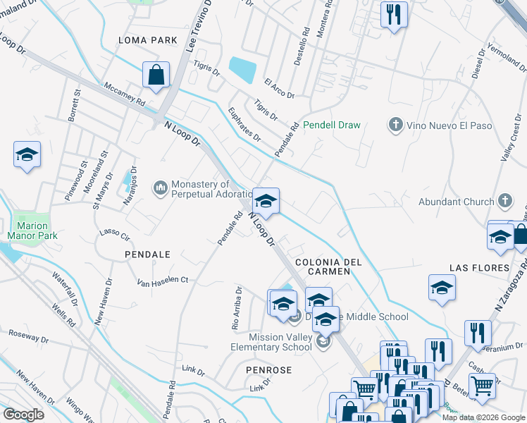 map of restaurants, bars, coffee shops, grocery stores, and more near 8609 North Loop Drive in El Paso