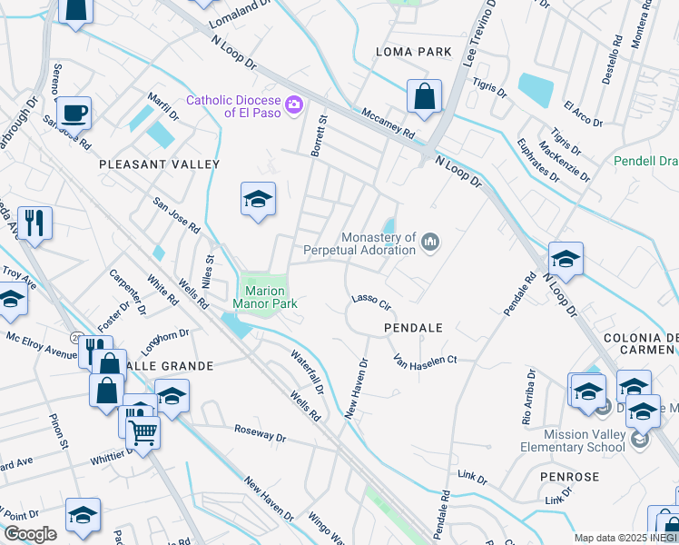map of restaurants, bars, coffee shops, grocery stores, and more near 327 Saint Marys Drive in El Paso