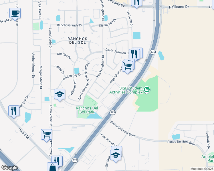map of restaurants, bars, coffee shops, grocery stores, and more near 12336 Diane Troyer Way in El Paso