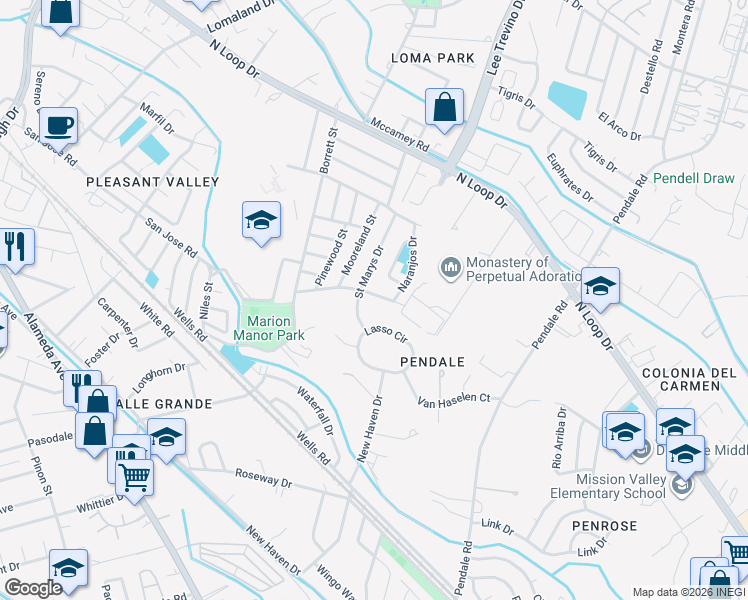 map of restaurants, bars, coffee shops, grocery stores, and more near 8420 Reindeer Avenue in El Paso