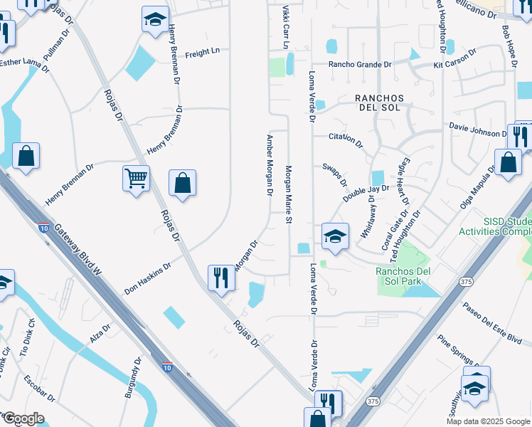 map of restaurants, bars, coffee shops, grocery stores, and more near 1233 Amber Morgan Drive in El Paso