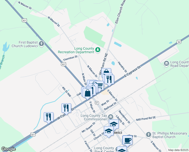 map of restaurants, bars, coffee shops, grocery stores, and more near 14 North Macon Street in Ludowici