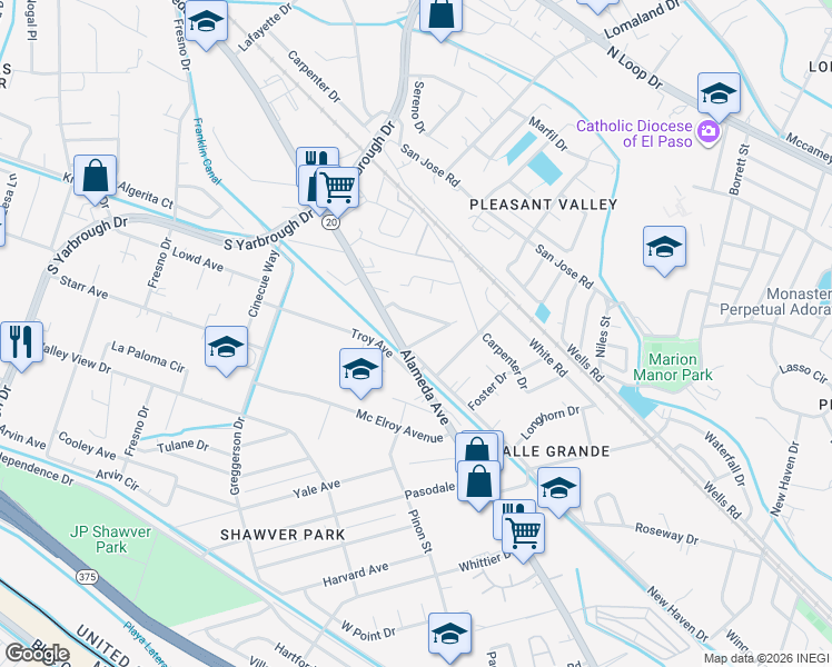 map of restaurants, bars, coffee shops, grocery stores, and more near 105 Landon Way in El Paso