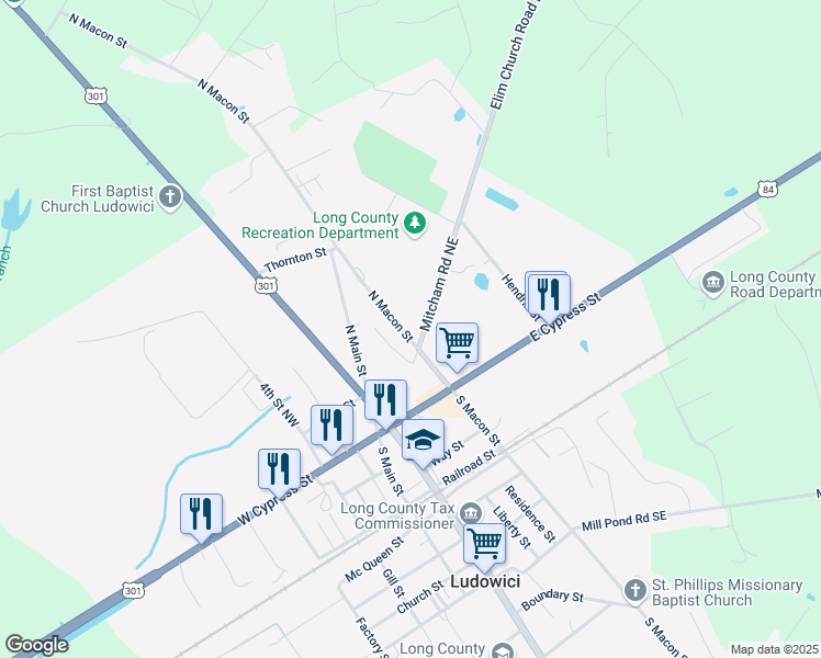 map of restaurants, bars, coffee shops, grocery stores, and more near 14 North Macon Street in Ludowici