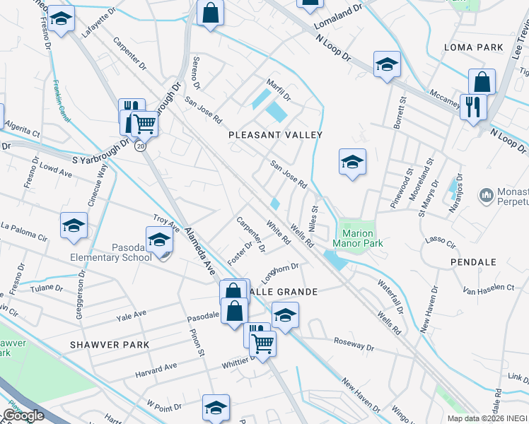 map of restaurants, bars, coffee shops, grocery stores, and more near 8351 White Road in El Paso